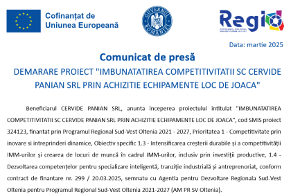comunicat de presa demarare proiect imbunatatirea competitivitatii sc cervide panian srl prin achizitie echipamente loc de joaca 67eadb35dd2a9
