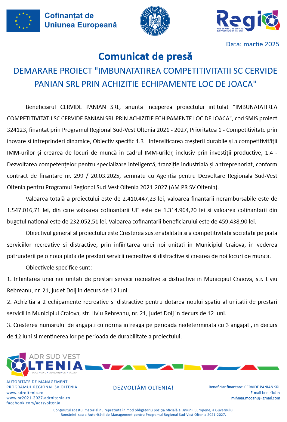 comunicat de presa demarare proiect imbunatatirea competitivitatii sc cervide panian srl prin achizitie echipamente loc de joaca 67eadb35dd2a9