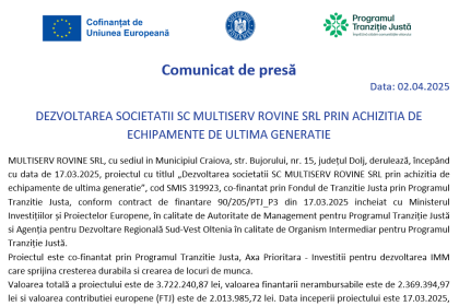 comunicat de presa demarare proiect dezvoltarea societatii sc multiserv rovine srl prin achizitia de echipamente de ultima generatie 67ed483d20f17
