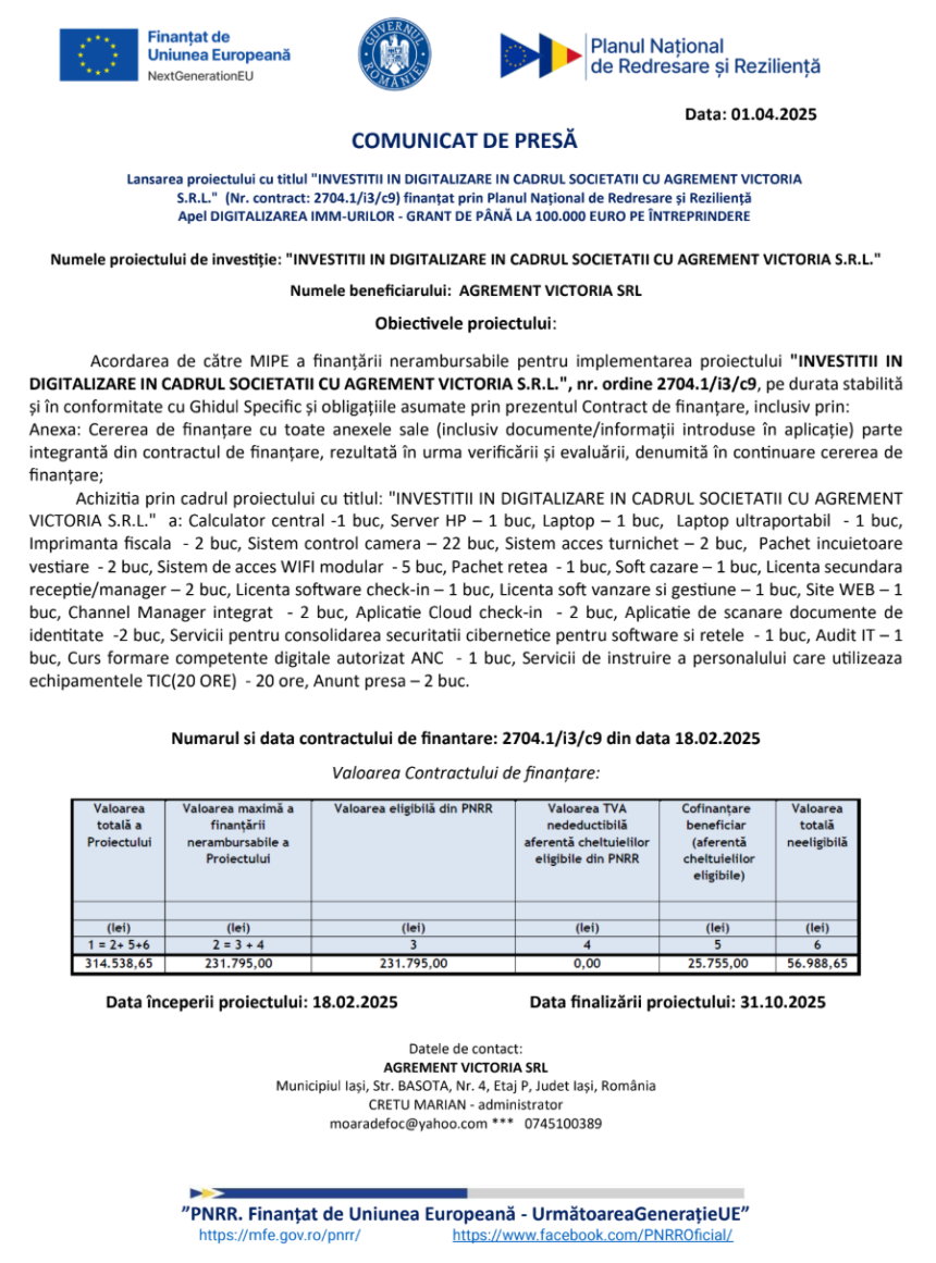 comunicat de presa demarare proiect investitii in digitalizare in cadrul societatii cu agrement victoria s r l 67ebfc9659118