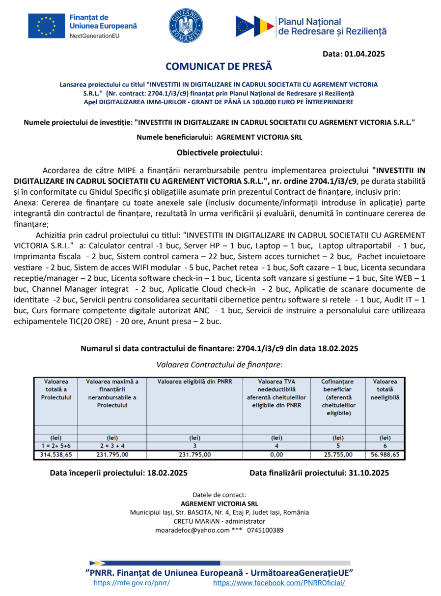 comunicat de presa demarare proiect investitii in digitalizare in cadrul societatii cu agrement victoria s r l 67ebfc9659118