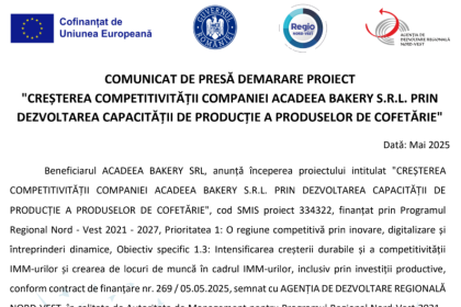 comunicat de presa demarare proiect cresterea competitivitatii companiei acadeea bakery s r l prin dezvoltarea capacitatii de productie a produselor de cofetarie 682213767657e