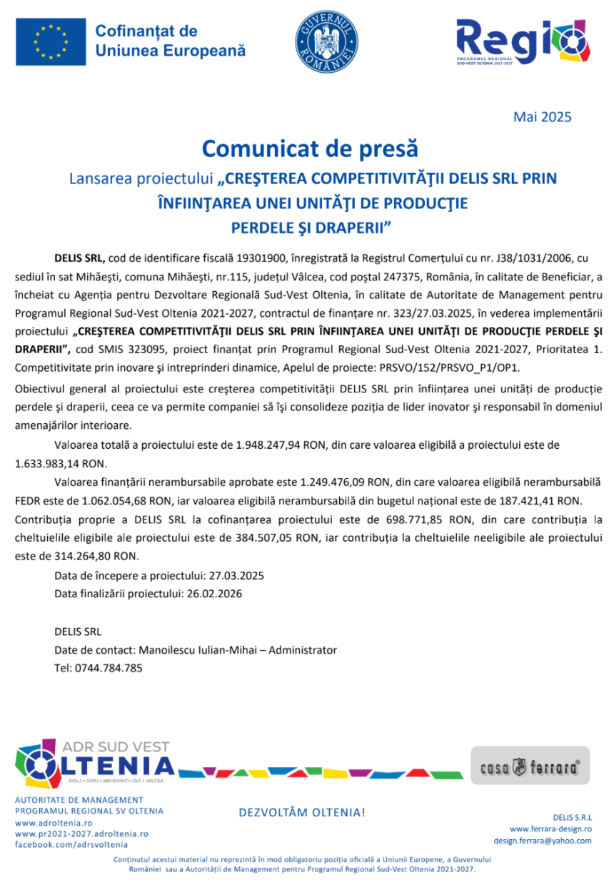 comunicat de presa demarare proiect cresterea competitivitatii delis srl prin infiintarea unei unitati de productie perdele si draperii 681e0c4ba2320