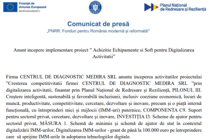 comunicat de presa demarare proiect cresterea competitivitatii firmei centrul de diagnostic medira srl 682b3bcf1bd20