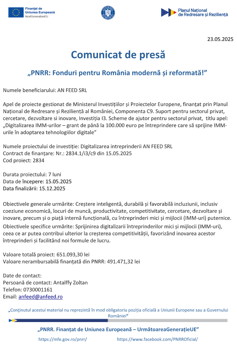 comunicat de presa demarare proiect digitalizarea intreprinderii an feed srl 68303ddbbdde1