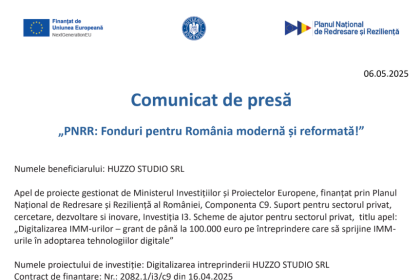 comunicat de presa demarare proiect digitalizarea intreprinderii huzzo studio srl 682473a5eeca6