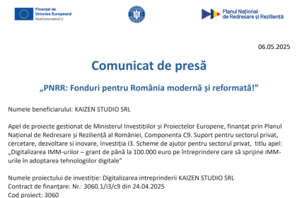 comunicat de presa demarare proiect digitalizarea intreprinderii kaizen studio srl 6824720fd7ac0