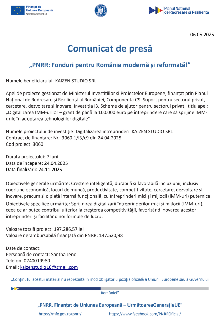 comunicat de presa demarare proiect digitalizarea intreprinderii kaizen studio srl 6824720fd7ac0
