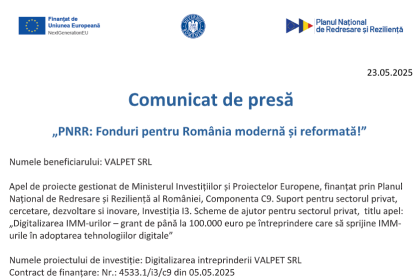comunicat de presa demarare proiect digitalizarea intreprinderii valpet srl 68303dd7a924f
