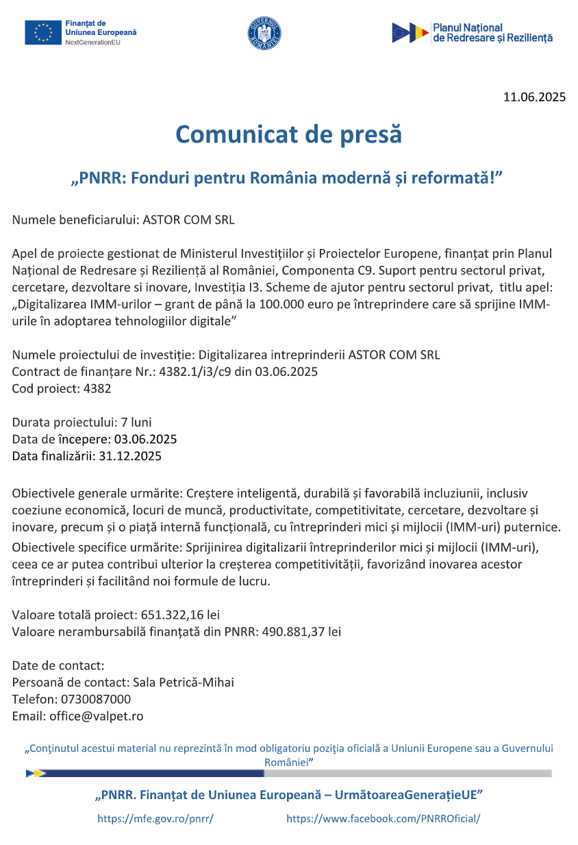 comunicat de presa demarare proiect digitalizarea intreprinderii astor com srl 6849a2423c34a