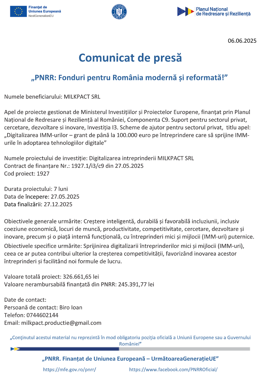comunicat de presa demarare proiect digitalizarea intreprinderii milkpact srl 68430033cb839