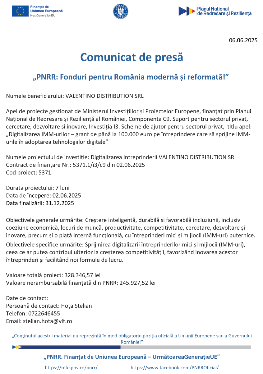 comunicat de presa demarare proiect digitalizarea intreprinderii valentino distribution srl 68430038cee93