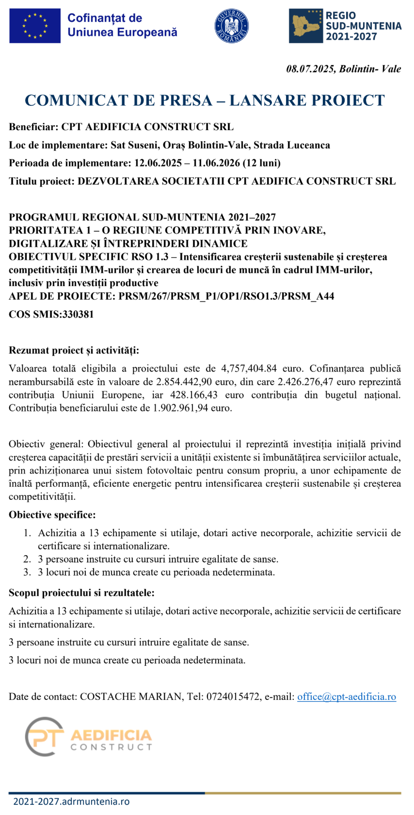 comunicat de presa demarare proiect dezvoltarea societatii cpt aedificia construct srl 686d1d45624a1