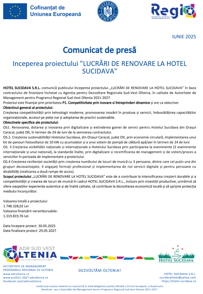 comunicat de presa demarare proiect lucrari de renovare la hotel sucidava 686539560db84