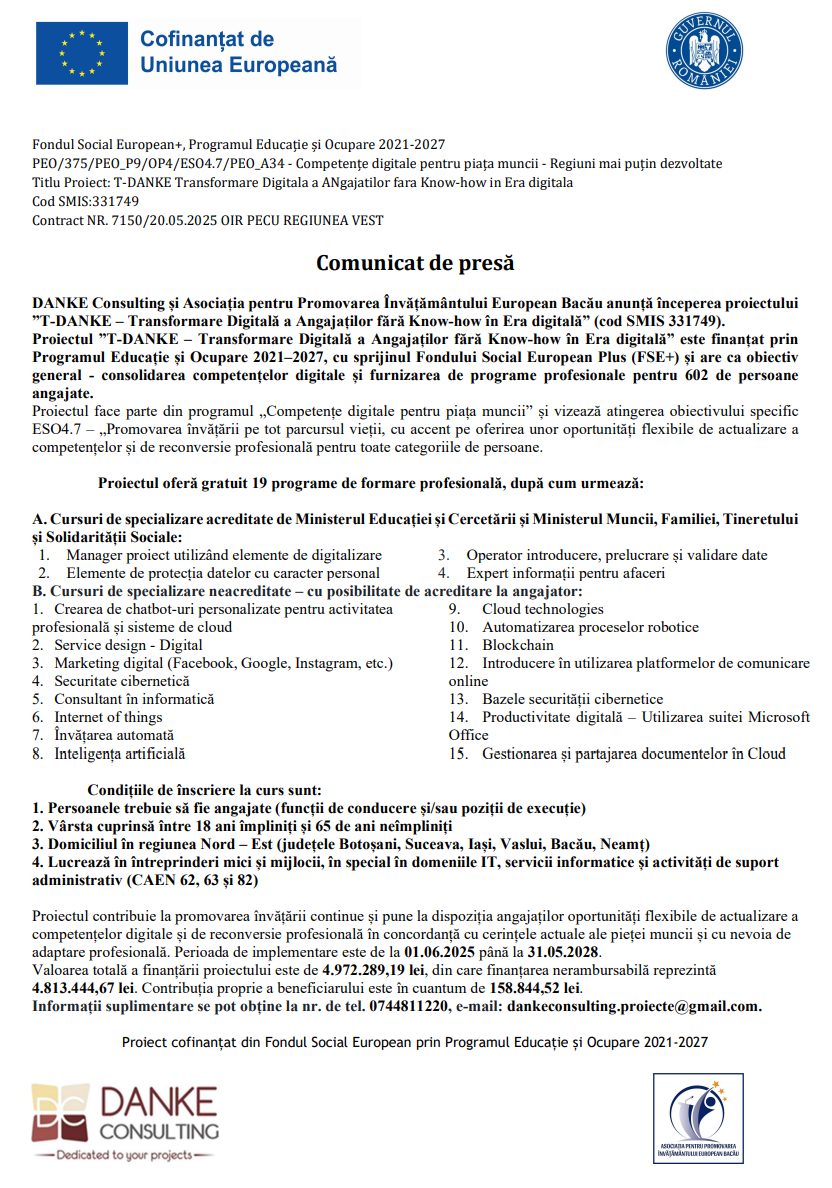 comunicat de presa demarare proiect t danke transformare digitala a angajatilor fara know how in era digitala 68ac756c105b9