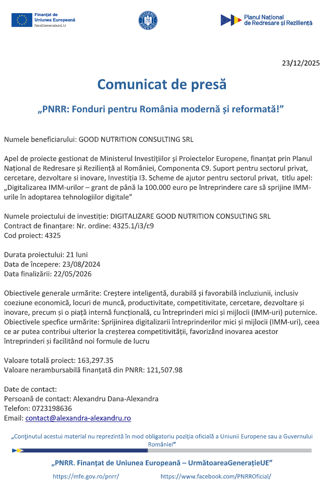 comunicat de presa finalizare proiect digitalizare good nutrition consulting srl 694a919603249