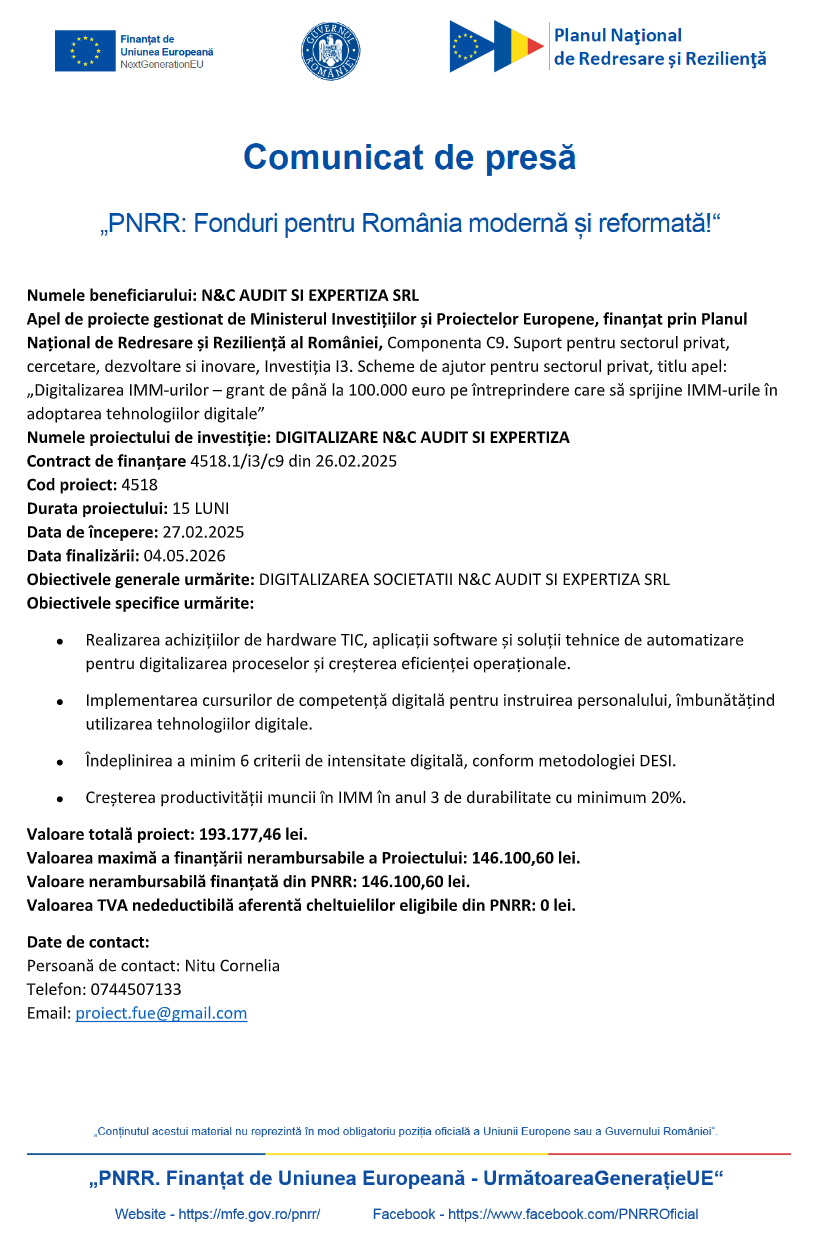 comunicat de presa finalizare proiect digitalizare nc audit si