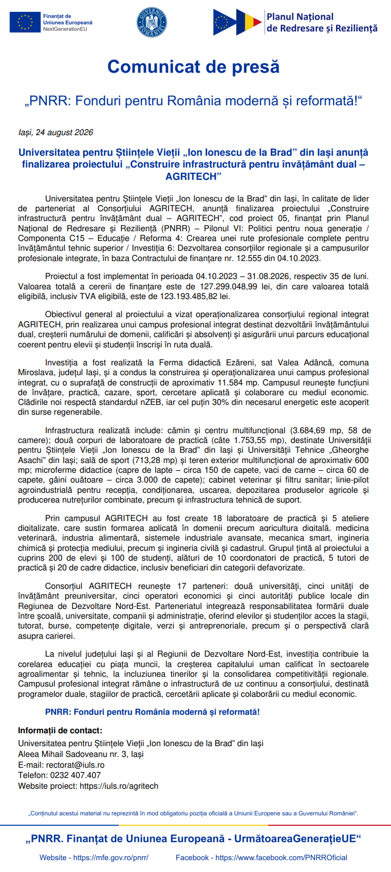 comunicat de presa finalizare proiect construire infrastructura pentru invatamant dual agritech pentru universitatea pentru stiintele vietii ion ionescu de la brad 6a8c59cc218ba